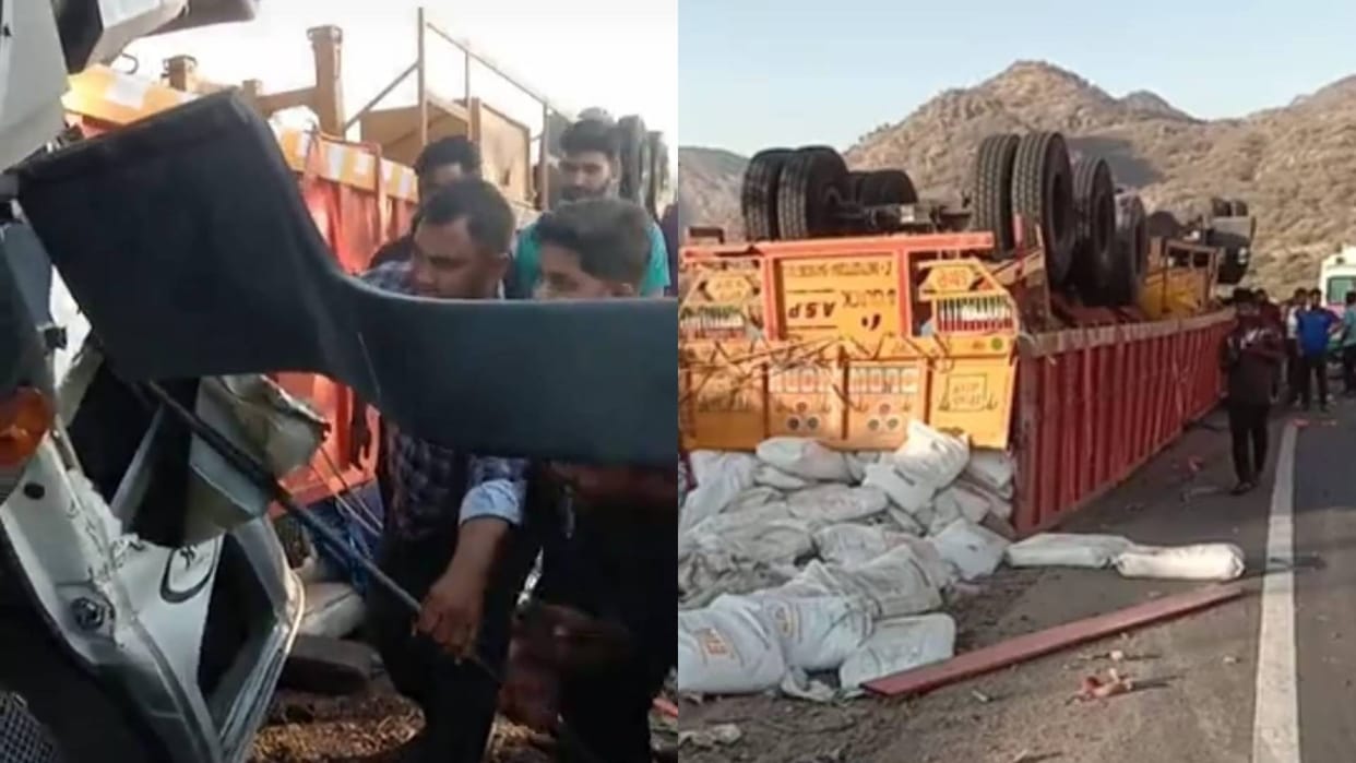 Sirohi one people died in road accident driver got stuck in cabin after trolley overturned trolley hit car