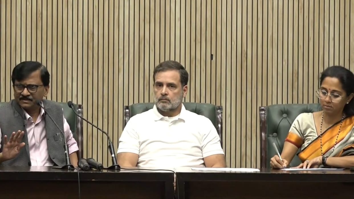 Lok Sabha LoP MP Rahul Gandhi Shiv Sena UBT MP Sanjay Raut NCP-SCP MP Supriya Sule joint press conference