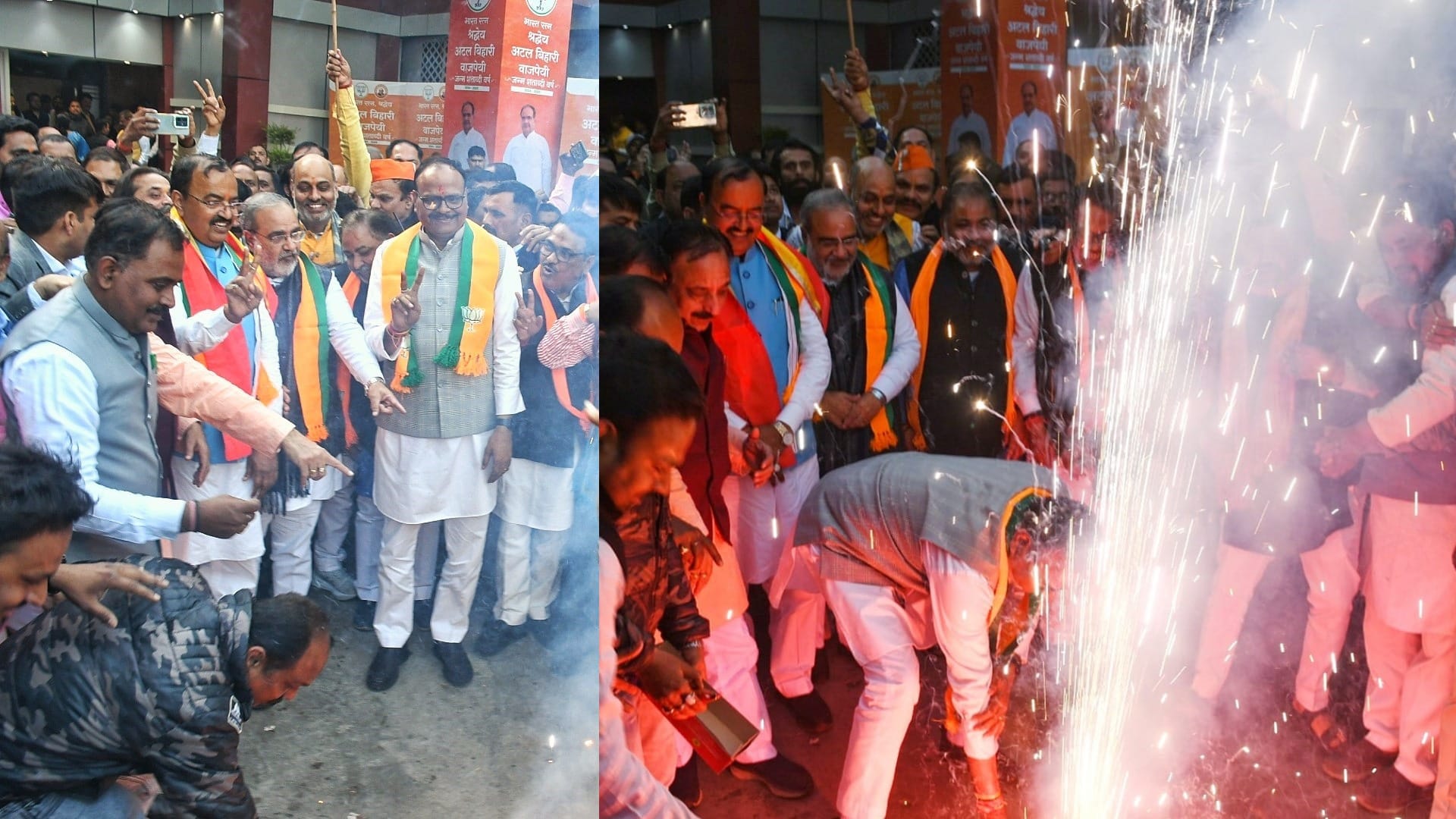 BJP activists celebrate victory in Delhi and Milkipur assembly seat.