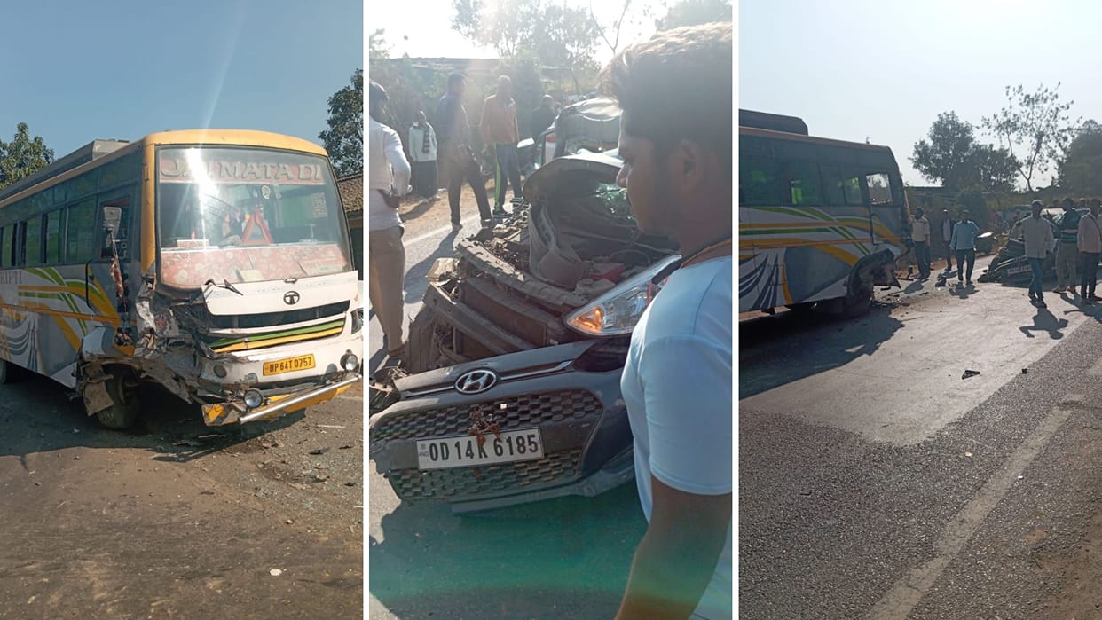 Sonbhadra road accident Bus and car collide violently chaos ensues one dead