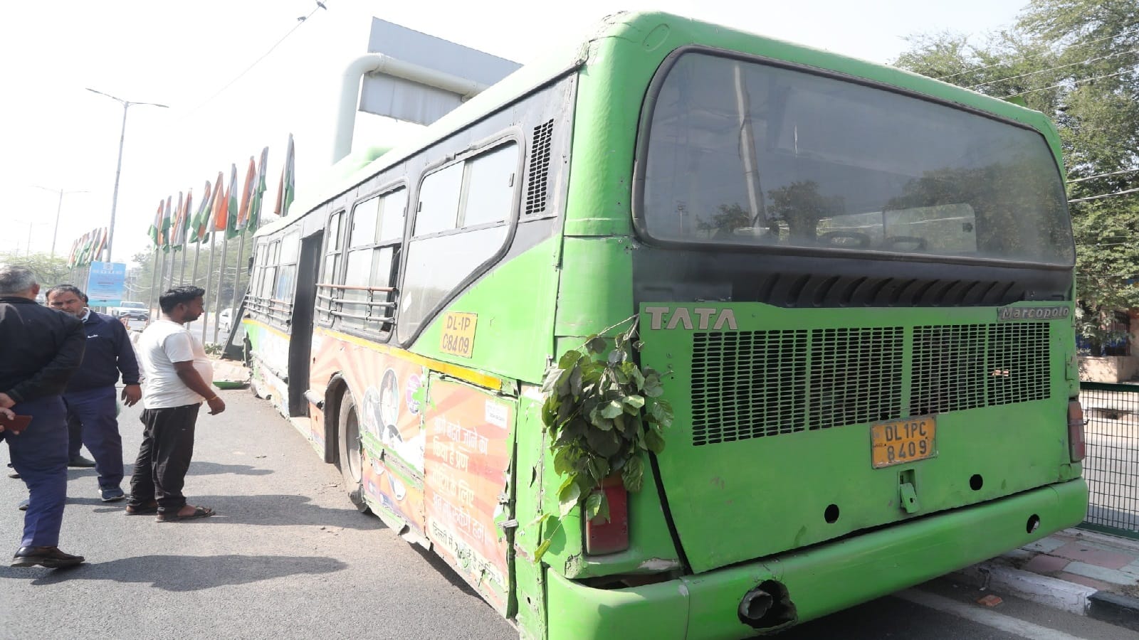 DTC Bus went out of control and climbed onto divider then hit a pillar