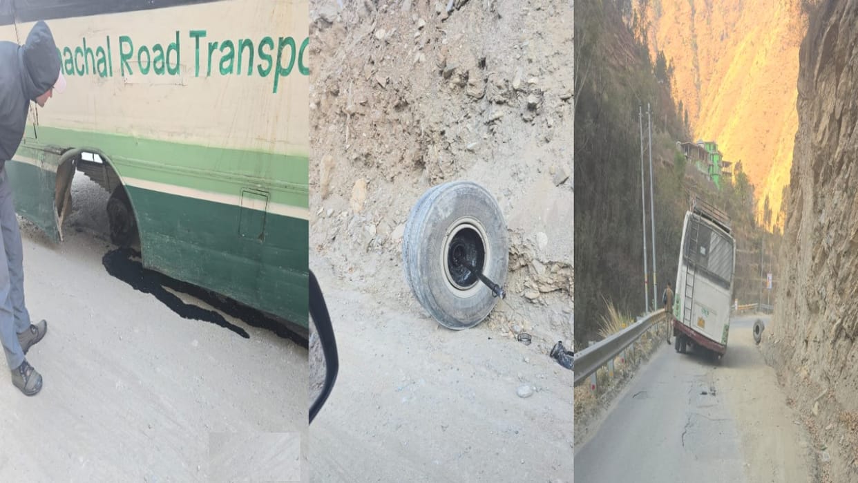 A tyre of a moving HRTC bus coming from Dalash got loose, a major accident was averted