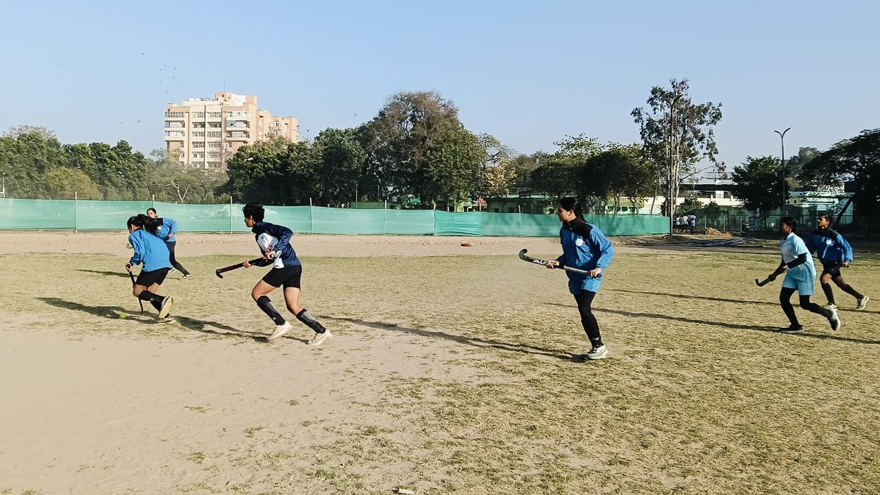 Bareilly sports stadium does not have astro turf hockey practice is being done on grass ground