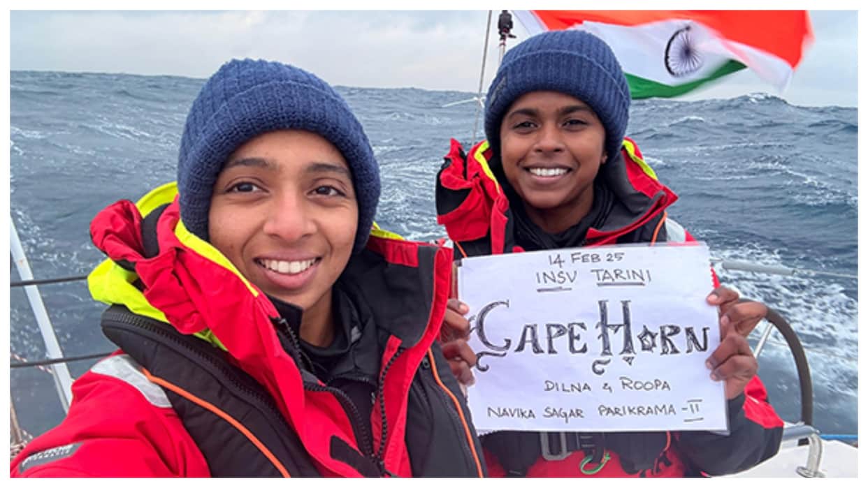 Indian Navy INSV Tarini Point Nemo Indian flag and Indian Navy voyage Lt Cdr Dilna K and Lt Cdr Roopa story