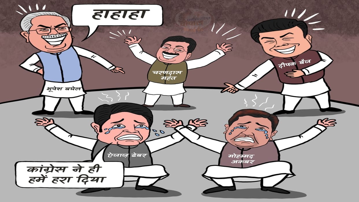 BJP big win in civic elections in CG Ejaz Dhebar shown crying in poster wrote Congress defeated us