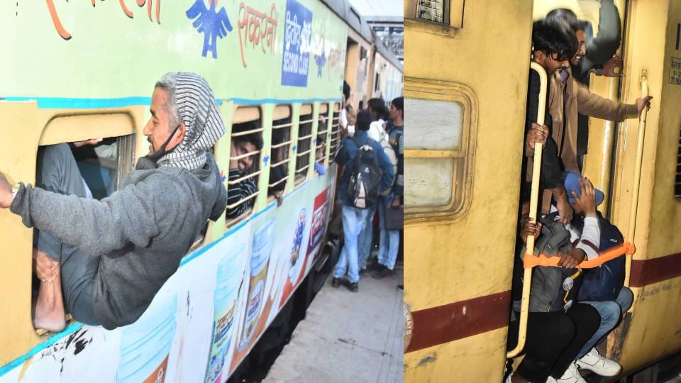 trains jam packed with passengers going to take bath in Prayagraj Maha Kumbh At Charbagh station