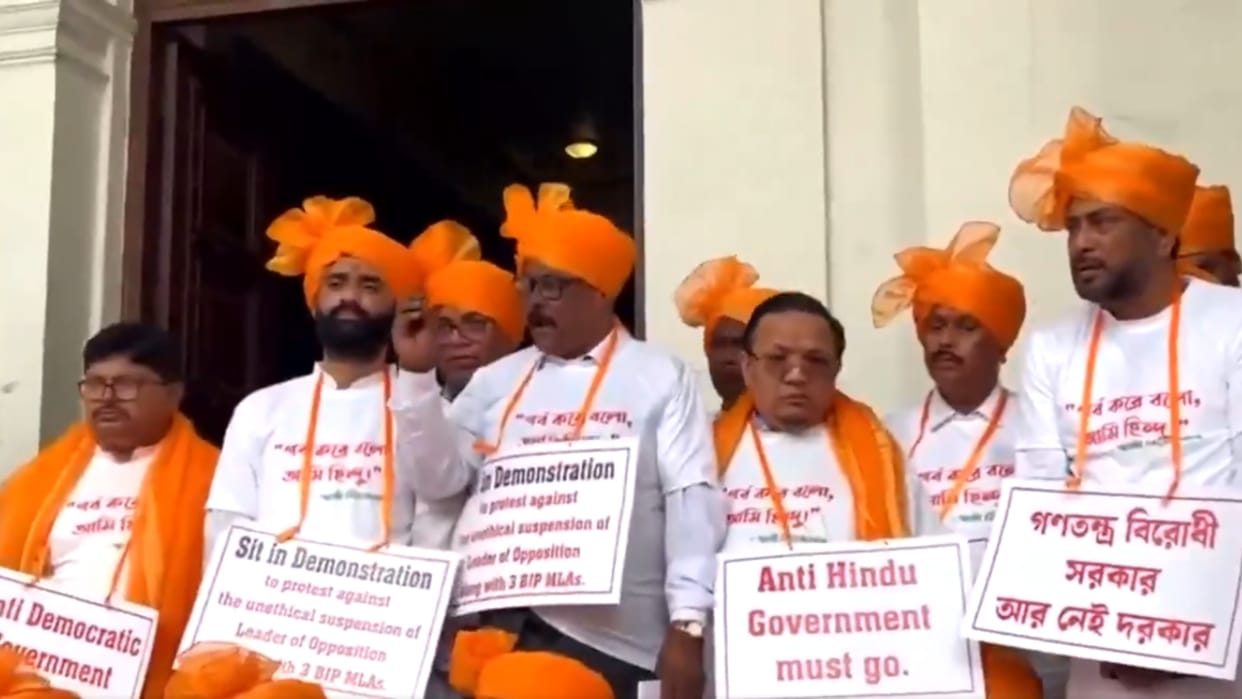 Bengal BJP MLAs stage sit-in on Assembly premises against Mamata Banerjee govt