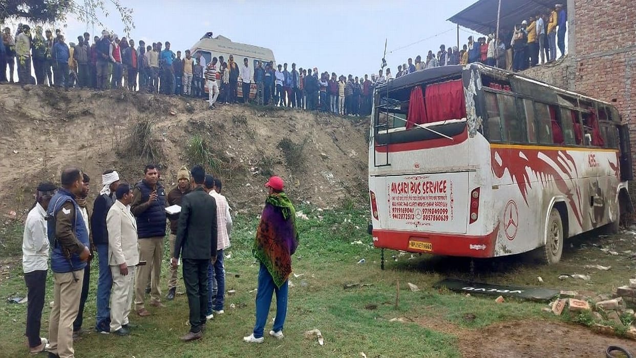 bus overturned in ditch after going out of control nine people injured in Budaun