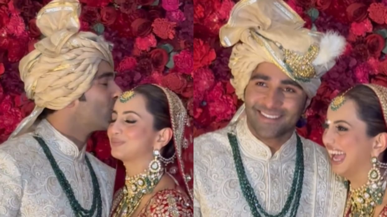 Aadar Jain Alekha Advani Tie the Knot Groom Kisses Bride in Their First Public Appearance