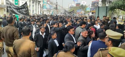 Lawyers protest in Lucknow on Friday.