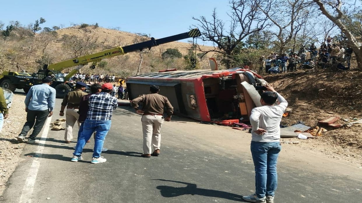 Udaipur Speed wreaks havoc on NH 58 bus overturns after losing control two killed after being crushed tyres