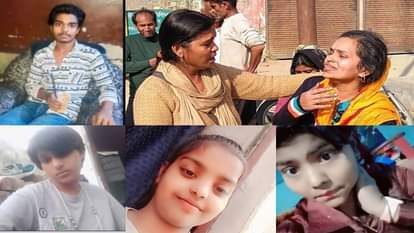 मृतकों के फाइल फोटो व विलाप करते परिजन।