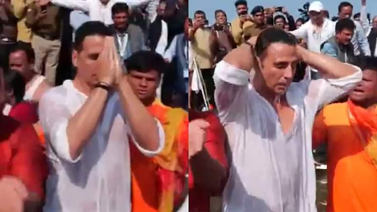 Actor Akshay Kumar takes a holy dip in Sangam waters during ongoing Mahakumbh in UP Prayagraj