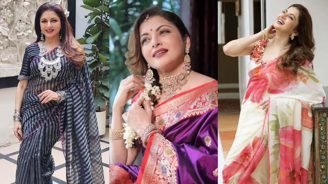 Saree For Wedding above 40 and feel hesitant in wearing saree take ideas from Bhagyashree Looks disprj