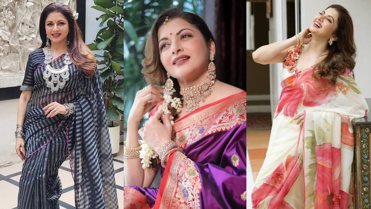 Saree For Wedding above 40 and feel hesitant in wearing saree take ideas from Bhagyashree Looks disprj