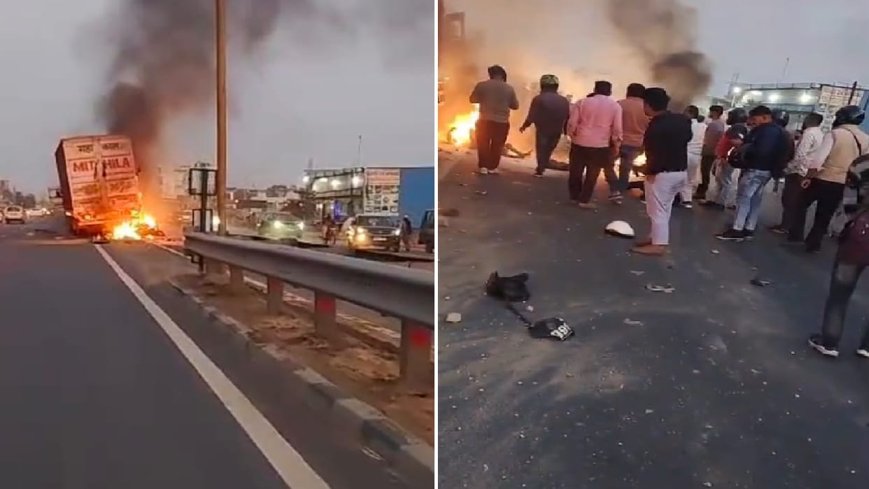 A bike dragged by a truck collides with fire in Bulandshahr one seriously burnt