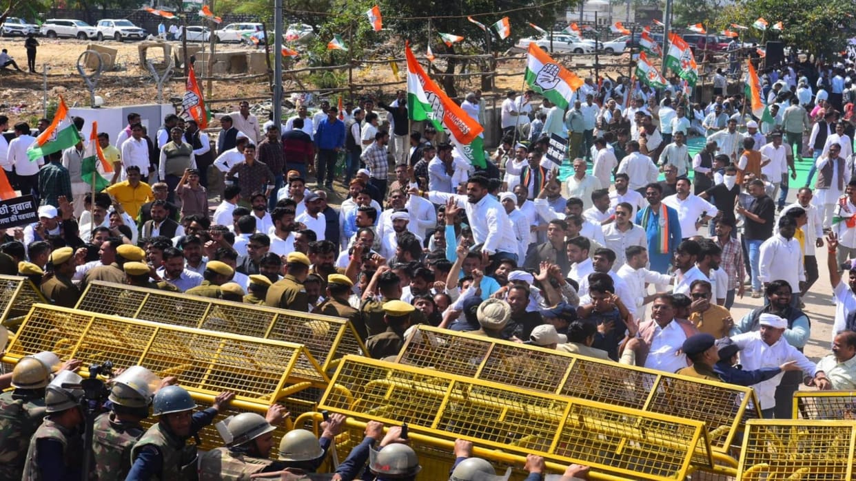 In pictures Congress protests outside Rajasthan Assembly angry over comments on Indira Gandhi