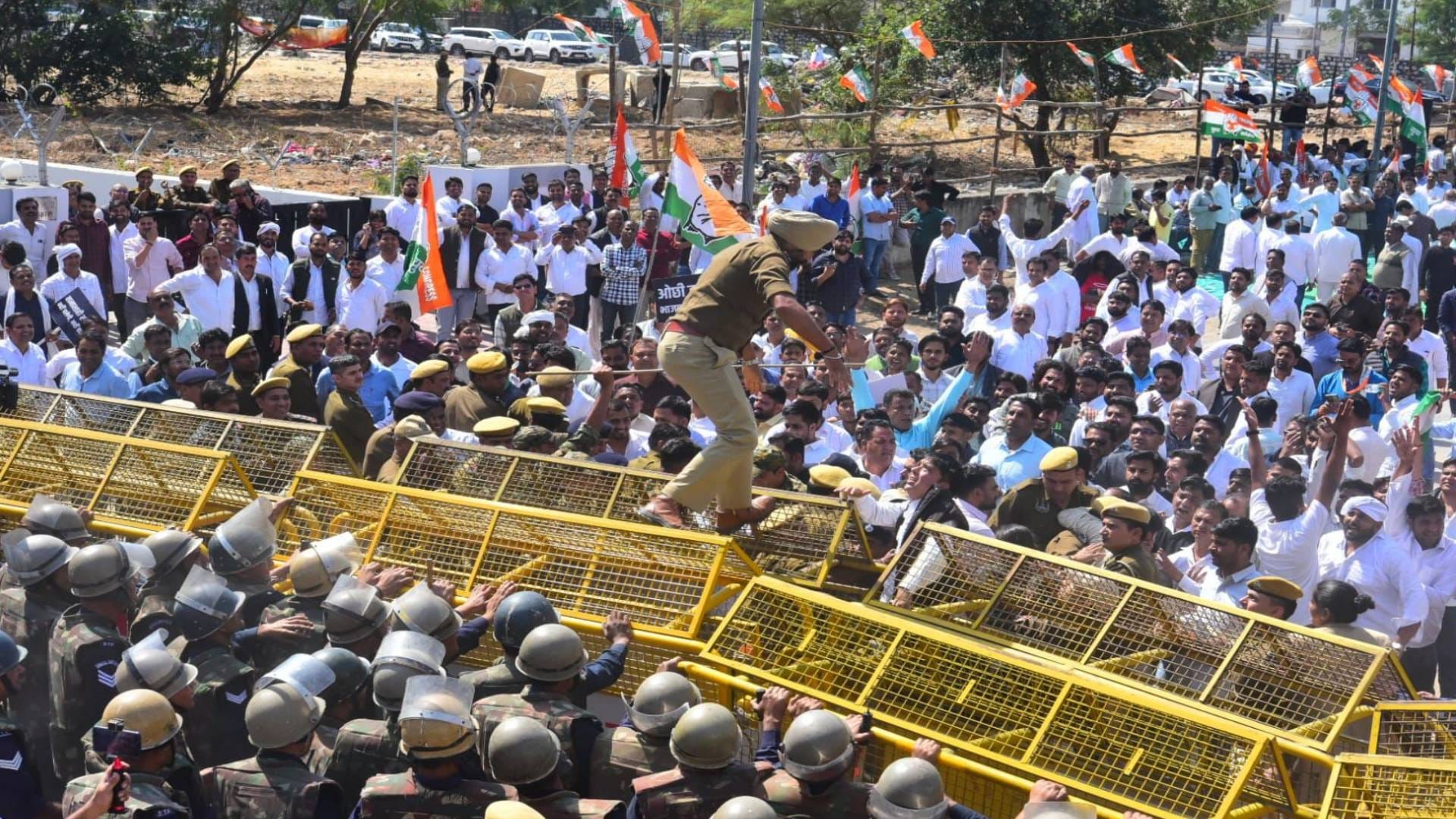 In pictures Congress protests outside Rajasthan Assembly angry over comments on Indira Gandhi