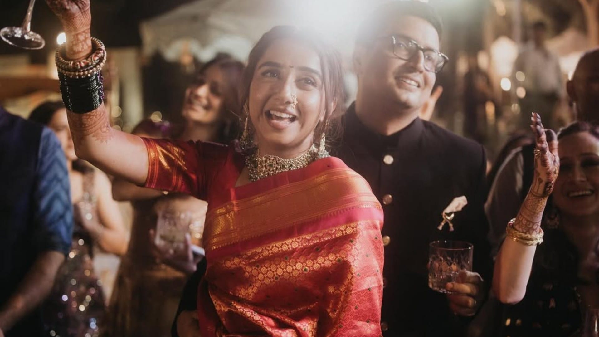 Prajakta Koli dance wearing Maharashtrian nose ring green bangles decorated her hands see photos of sangeet