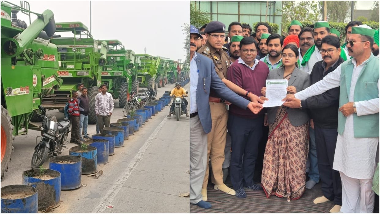 BKU Bhanu group sit-in protest at the toll plaza against the seizure of the combine in Bareilly