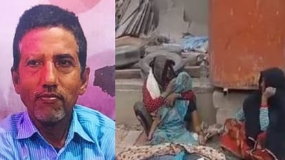 मृतक का फाइल फोटो और लाश के पास बैठकर विलाप करती पत्नी