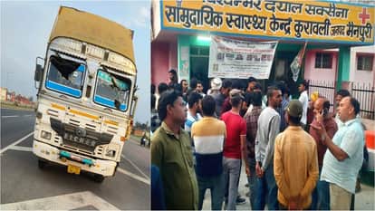 Woman jumped from bike and fell on road crushed by a truck coming from behind died in front of husband