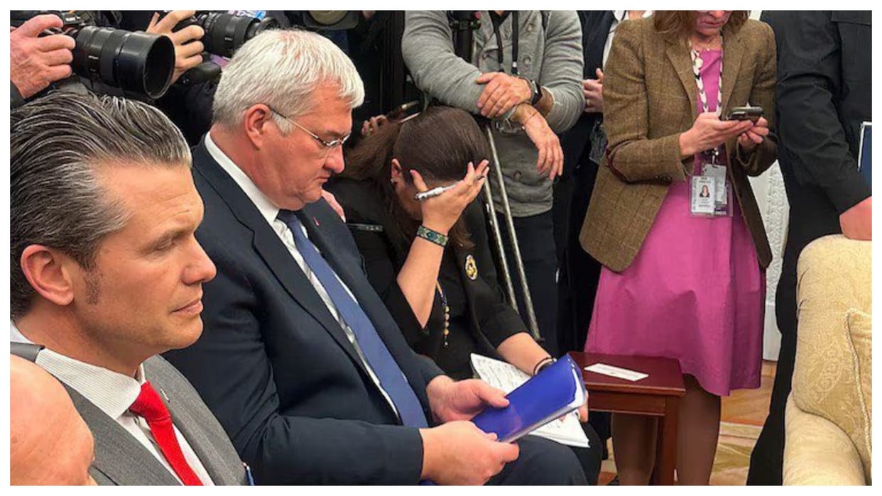 donald trump zelenskyy heated debate in oval office ukraine ambassador keep hand on head video