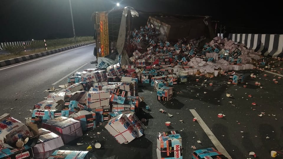 Canter overturns after hitting divider, driver dies