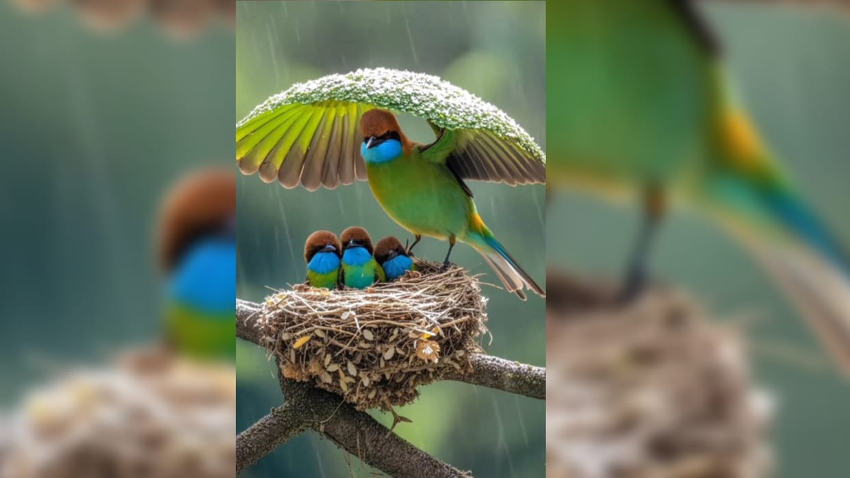 viral Video hummingbird uses wings as umbrella to protect Her Child from rain