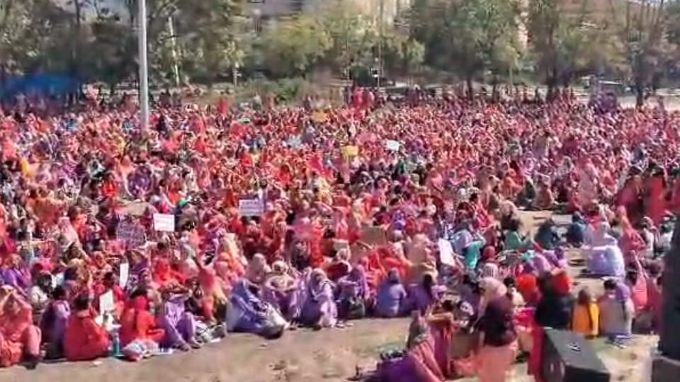 Anganwadi workers from all over Haryana gathered in Panchkula and staged sit-in protest
