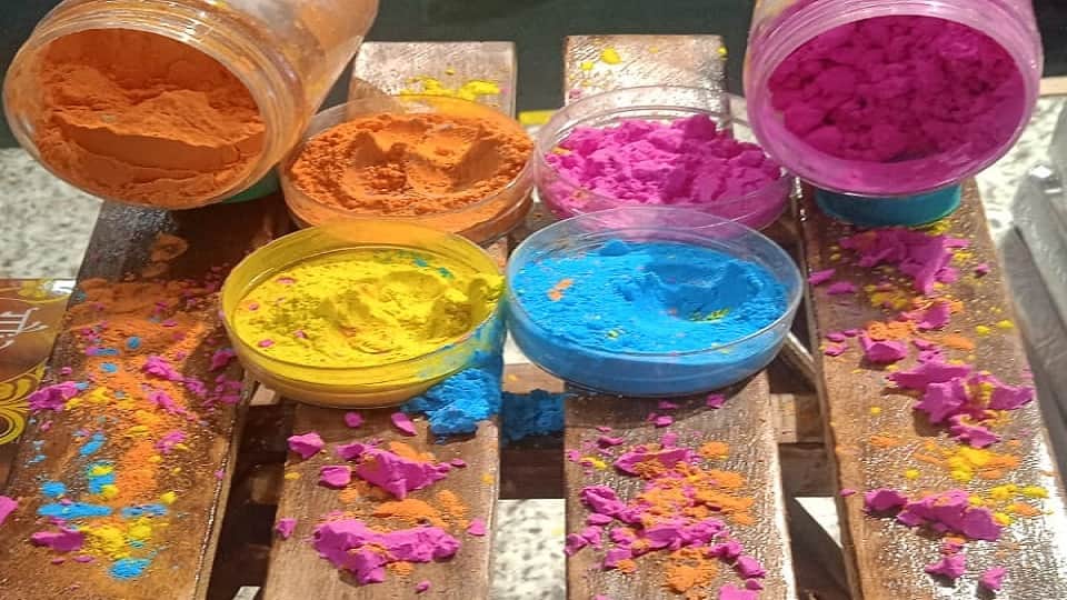 Special colours have been prepared from cow dung and the dust of Braj