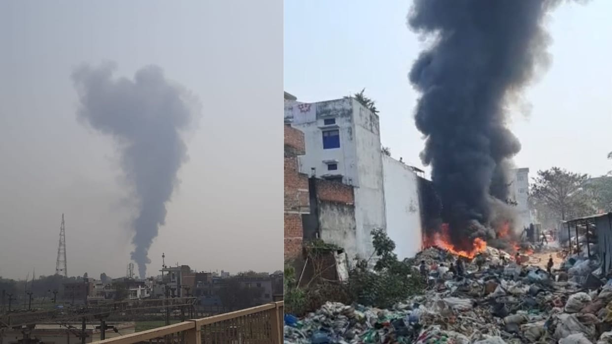 cloud of smoke rose, a fire broke out in a junk warehouse workers ran away to save their lives the fire brig