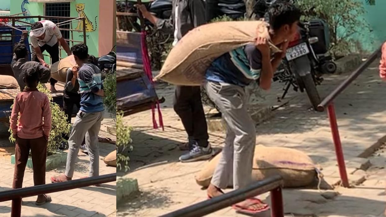 students made to carry 50 kg food grains in composite school in Varanasi