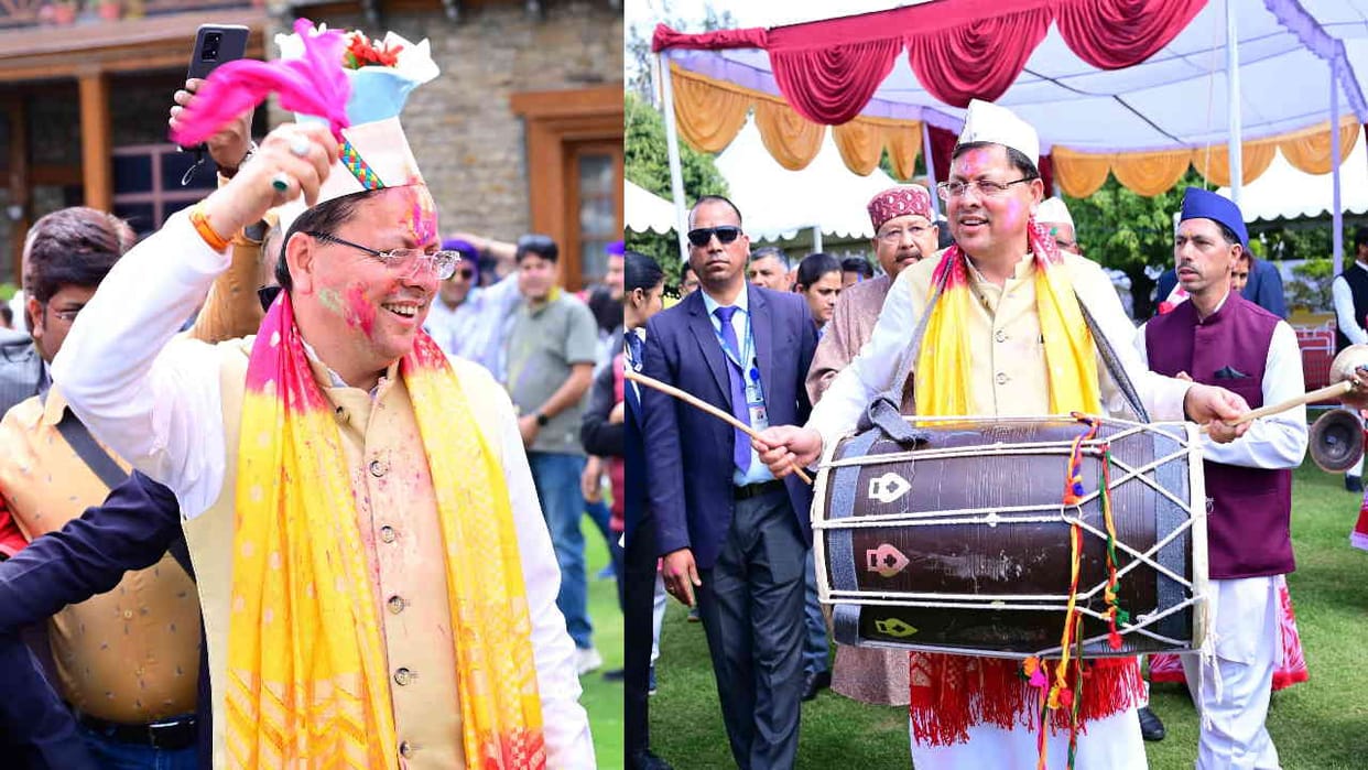 Holi at CM residence CM Dhami dance with state president Bhatt Uttarakhand Watch Photos