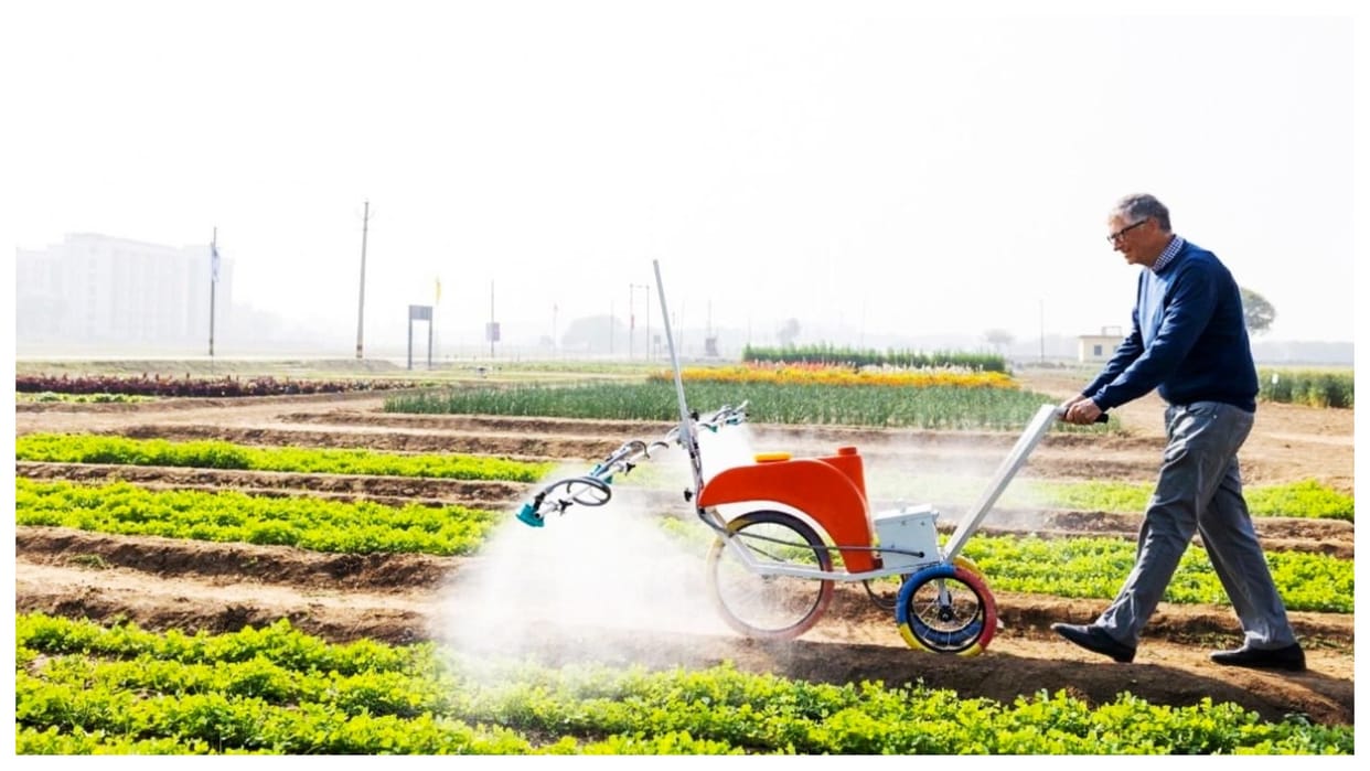 Bill Gates tries his hand at pesticide sprayer made by startup to ease farmers woes