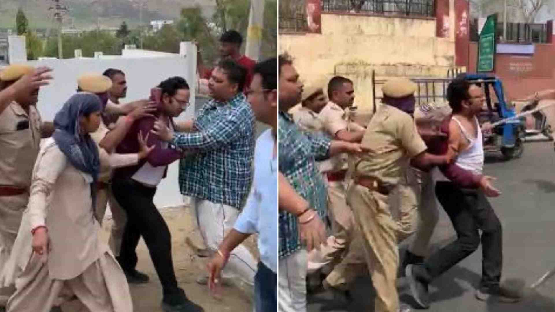 डॉक्टर को खींचकर ले जाती पुलिस।