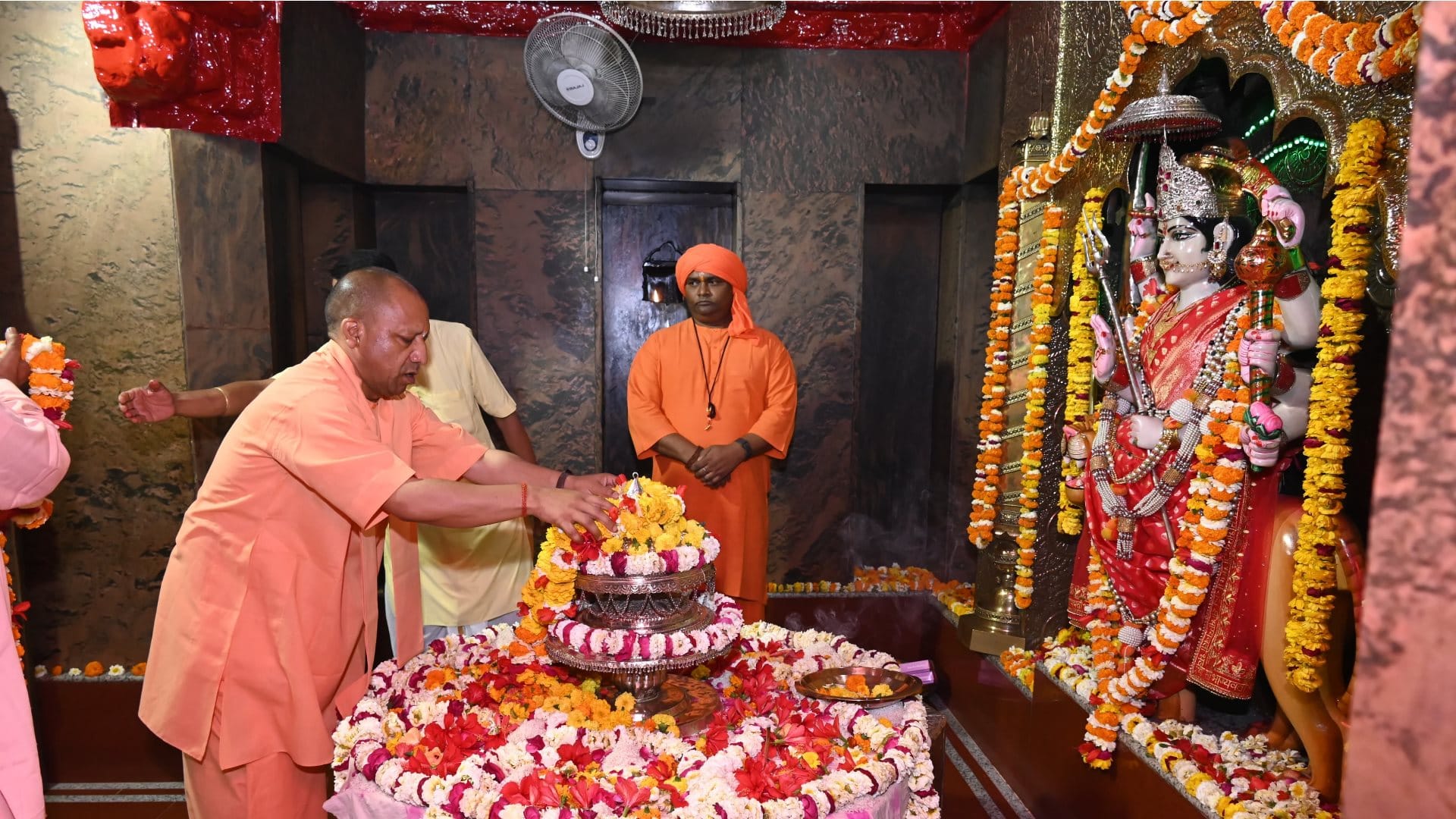 Uttar Pradesh CM Yogi Adityanath offers prayers at Pateshwari Devi temple in Balrampur.