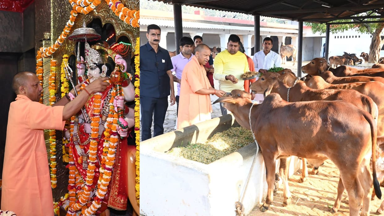 Uttar Pradesh CM Yogi Adityanath offers prayers at Pateshwari Devi temple in Balrampur.