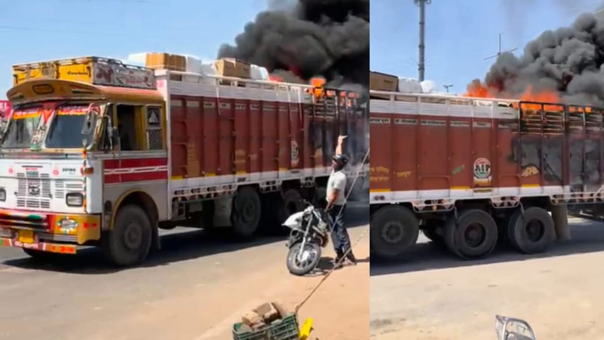 A truck suddenly caught fire near Dangiyawas bypass in Jodhpur
