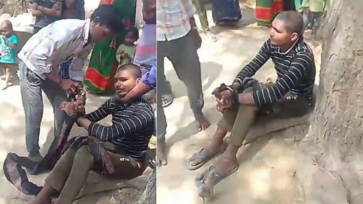 Villagers caught the lover locked him in the house took him out and tied his hands