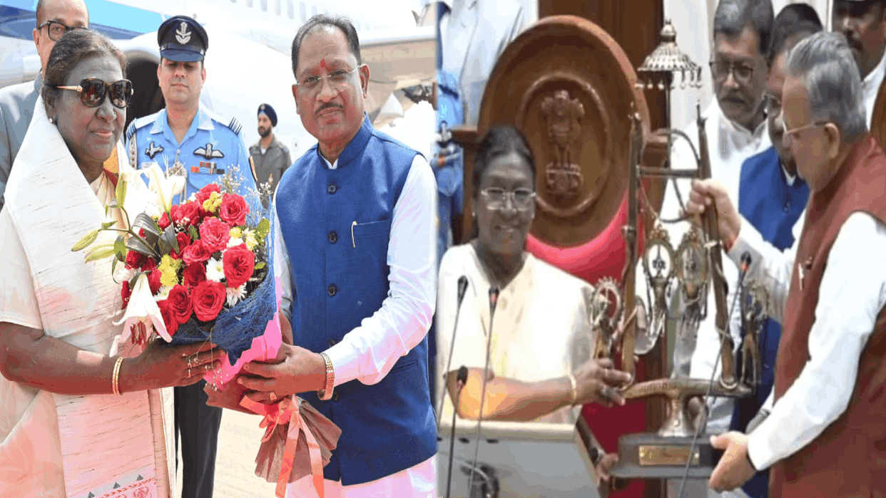 President Draupadi Murmu was welcomed by CM Sai Governor and Raman Singh on her arrival in Chhattisgarh