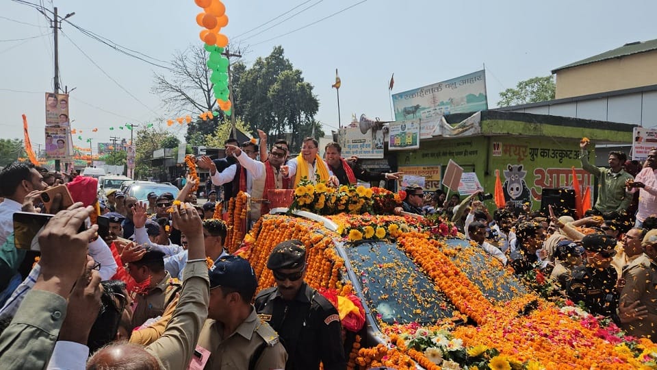 Grand road show of CM pushkar Singh Dhami in rudrapur
