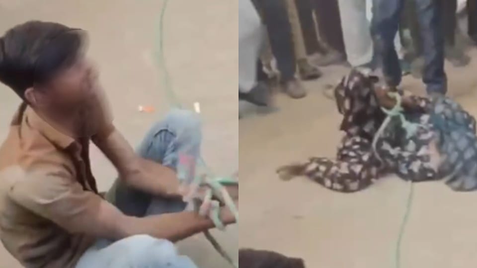 Lovers couple found in objectionable situation, family members tied them with rope and beat them