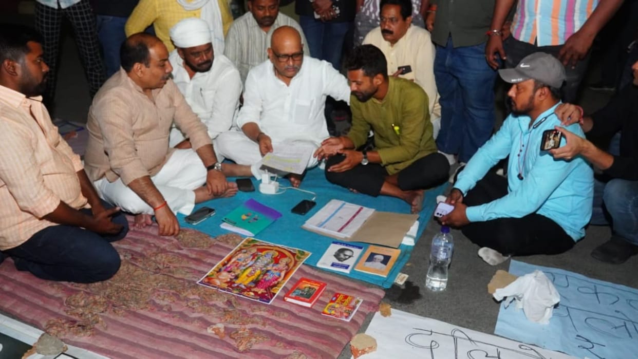 Congress state president Ajay Rai arrives to meet student Shivam Sonkar on strike at BHU