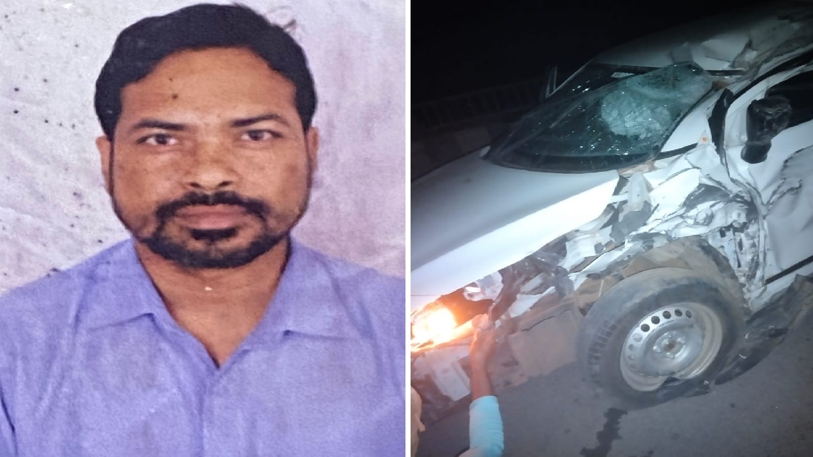 मृतक की फाइल फोटो और क्षतिग्रस्त वाहन
