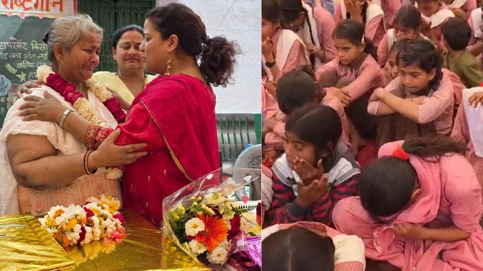 Children gave an emotional farewell to the retired head teacher Beena Saxena in Bulandshahr