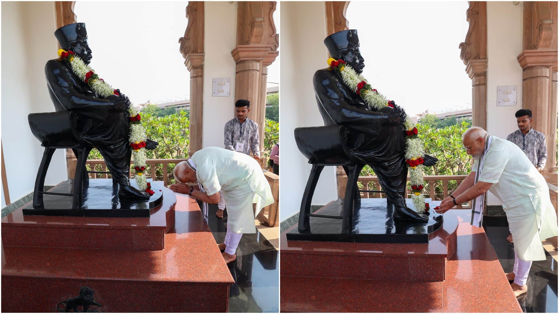 PM Narendra Modi Photos tribute to RSS founder Keshav Baliram Hedgewar at Smruti Mandir in Nagpur