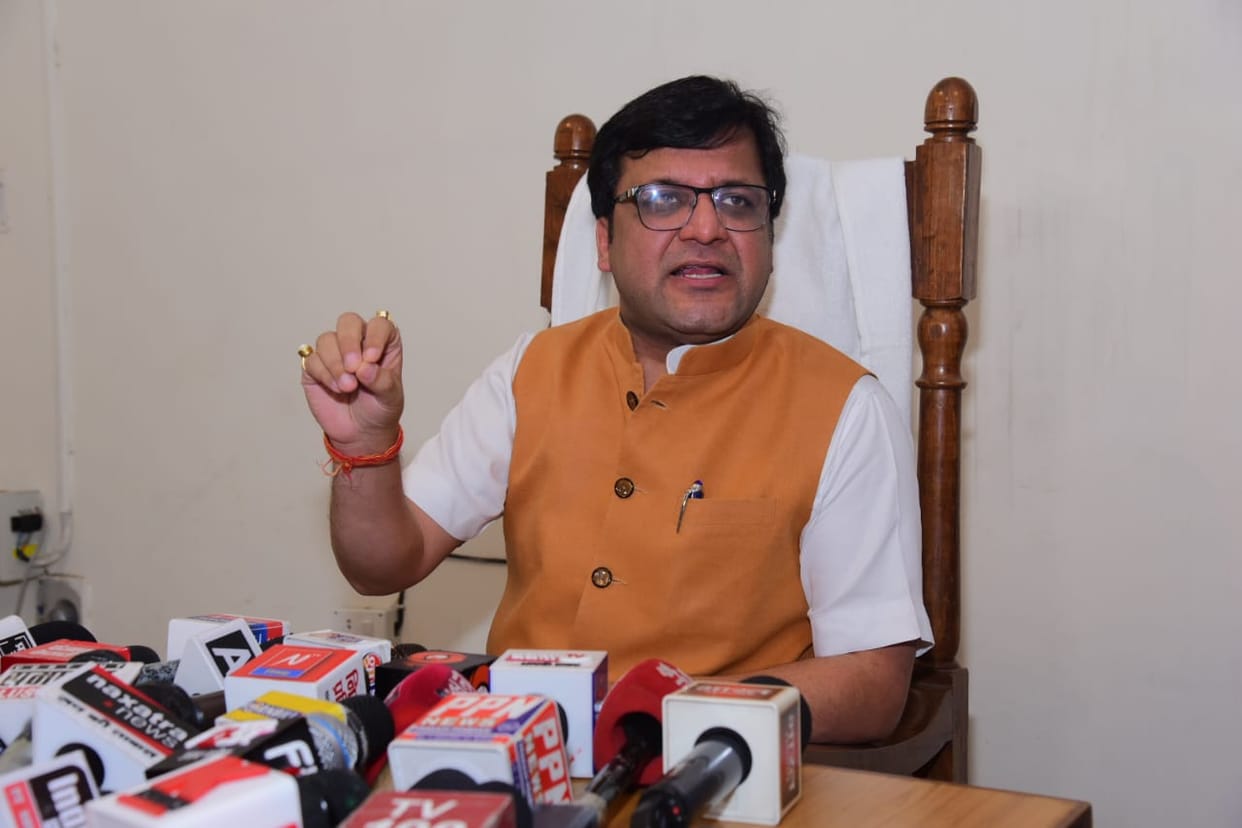 Excise minister Nitin Agrawal press conference in Lucknow.