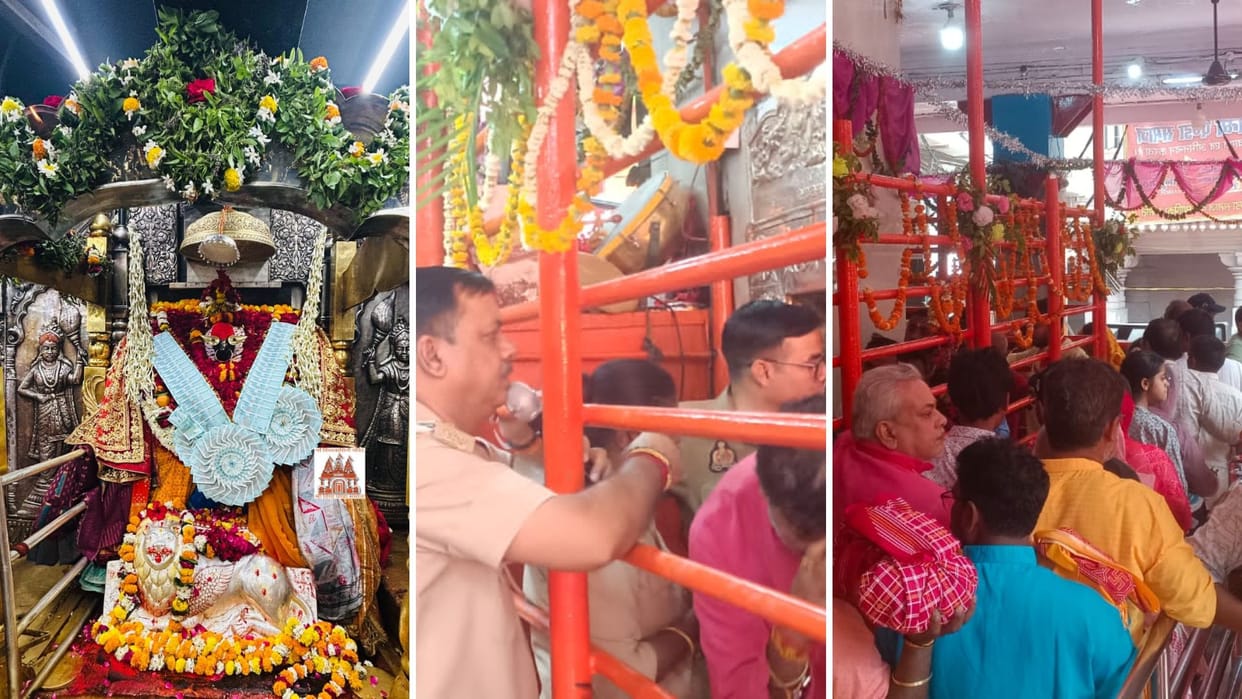 During Navratri a queue of devotees is being formed at dawn for worship at Maa Vindhyavasini Darbar
