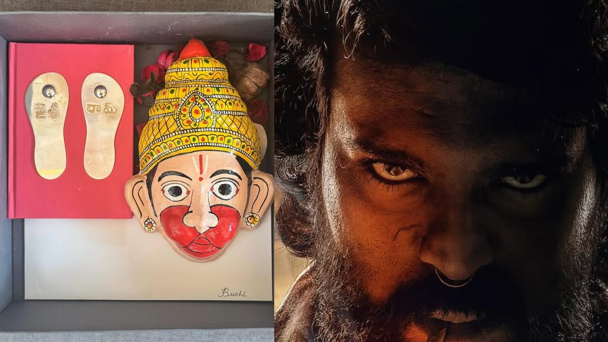 Peddi Star Ram Charan gives Director Buchi Babu Sana Lord Sri Ram Padukas Hanuman Chalisa more